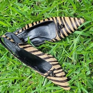 🤎🖤Kate Spade tan black zebra striped fur sling back kitten heel pumps🖤🤎